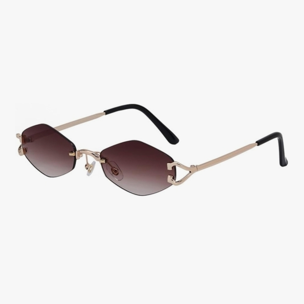 Small Rimless Sunglasses Punk Gold Metal Frame, Brown Lenses